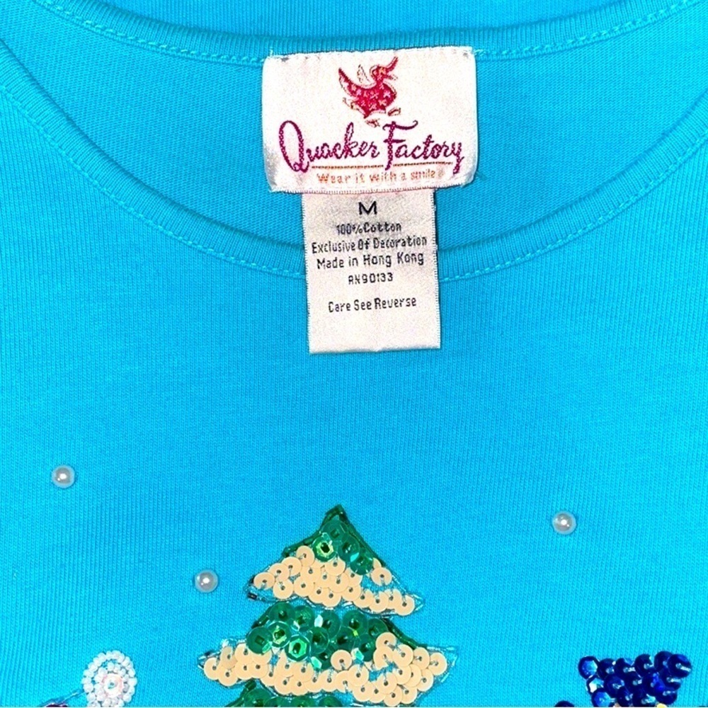 Beaded & Sequined Front & Back Snowman Turquoise Cotton Long Sleeve Tee Size Med - Picture 4 of 7